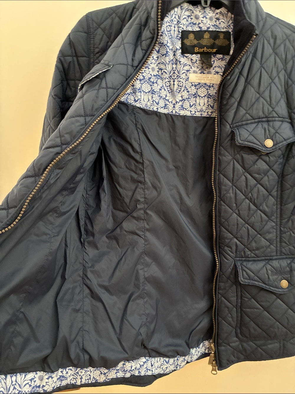 Vintage Barbour Navy Quilted Zip-Front Jacket Liberty Lining US 8 - Picture 7 of 8